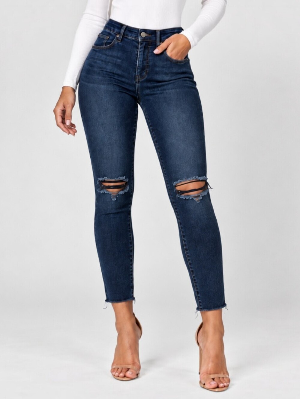 Good American Good Legs Skinny Jeans Dark Wash Ripped Knee Raw Hem High Rise 26
